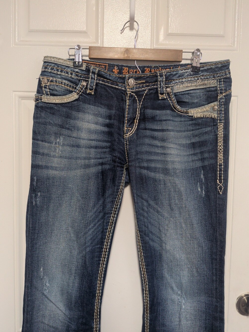 Rock Revial Roza Easy Boot Women Blue Denim Jeans Sz 31 Flap Pocket Distressed - Picture 2 of 16